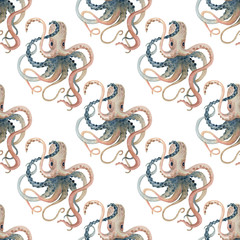 Watercolor octopus seamless pattern, hand painted illustration isolated on white background