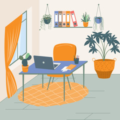 Interior of the working room. Vector banner. Design of a cozy room with window, decor accessories and work desk. Flat style vector illustration
