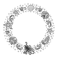 Wreath of marine composition: octopus, shell, seaweed, bubble and starfish. Sea. Undersea world.