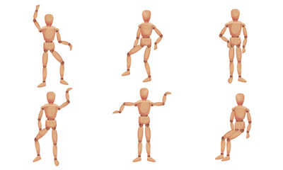 Wooden Mannequin with Joints in Different Poses Isolated on White Background Vector Set