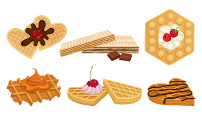 Waffles with Textured Surface and Sweet Topping with Berries and Whipped Cream Vector Set