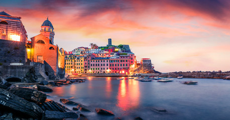 Incredible morning cityscape of Vernazza port. Magnificent summer sunrise on Liguria, Cinque Terre,...