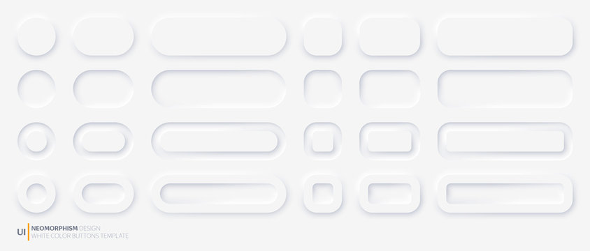 White buttons with rounded corners in Neomorphism design style. Vector illustration EPS 10