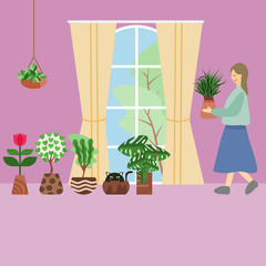 Flat style vector of woman holding a plant pot, walking into a room with glass windows and many plants. A black cat is sitting in a pot. Illustration cartoon for hobby stay at home.