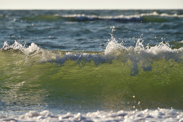 Obraz premium Sea or ocean, waves close-up view. Green - yellow waves sea water