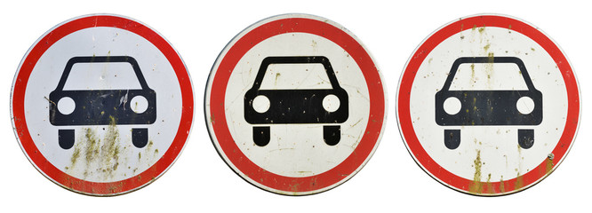 Old  and dirty Forbidden car signs on white background