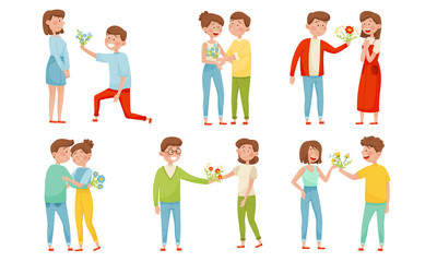Fototapeta premium Young Man Giving Flowers Bouquet to Woman Vector Illustrations Set