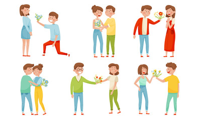 Young Man Giving Flowers Bouquet to Woman Vector Illustrations Set