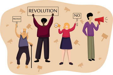 Vector illustration of people of different nationalities and ages with posters and megaphones in their hands. The concept of a rally, protection of rights and freedoms, protest, revolution.