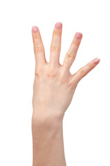 Female hand showing four fingers on white background