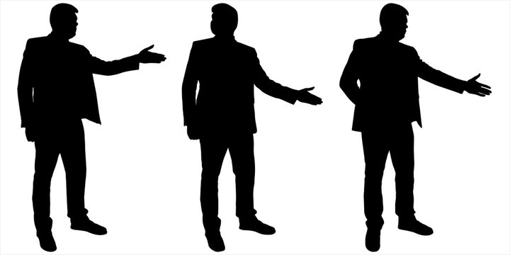 Businessman stands still and holds out one hand forward. Man in a business suit. Black silhouette is isolated on a white background. Three guys stand one after another in one line. Side view, profile.