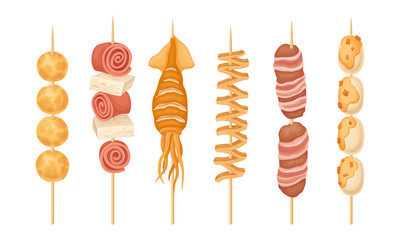 Skewered Street Seafood and Meat with Squid Hot and Spicy Snacks Vector Set