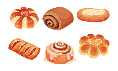 Flour Confectionery or Pastry with Sweet Wheat Bun and Baked Roll with Jam and Curd Vector Set