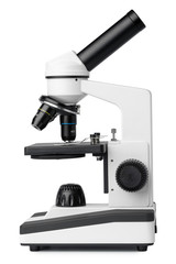 Scientific microscope isolated on white background, front view