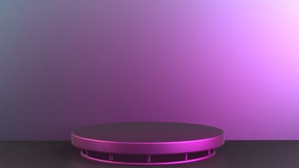 Blank product stand with neon lights on dark room background. 3d rendering
