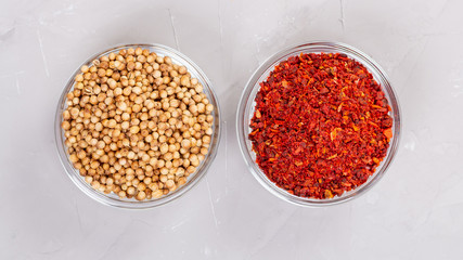 Moroccan spice Harissa and coriander in a glass plates