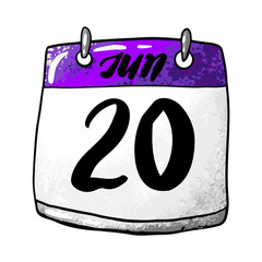 Calendar with the date of June 20 on a white background. Holiday World Day for the Protection of Elephants in Zoos, World Refugee Day, World Juggling Day. Vector illustration