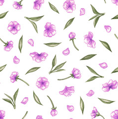 Romantic print with lilac flowers, buds, petals and green leaves isolated on a white background. Floral watercolor hand-drawn seamless pattern for fabric or wrapping paper.