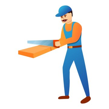 Repairman working with hand saw icon. Cartoon of repairman working with hand saw vector icon for web design isolated on white background