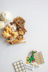 Thai herbal group on a white background, herbs, asia, empty space, Ginger, galangal, galingale, Herbs are used to make modern medicine.