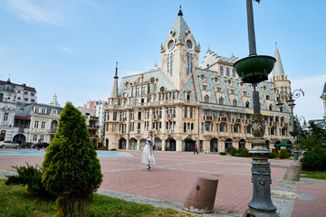 Batumi, Georgia - October 23, 2019: Part of city Batumi with houses and plant on a summer or autumn day in the country of Georgia, Adjara