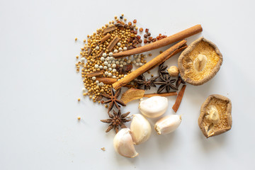 Spices, herbs, dried Asian herbs, dried on white background
