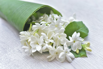 Obraz na płótnie Canvas Boquet of blooming fresh jasmine flower with green banana leaves on withe table background. Jasmine flower is the flower used in cosmestic industrial, rituals, religious ceremonies, adore the buddha.