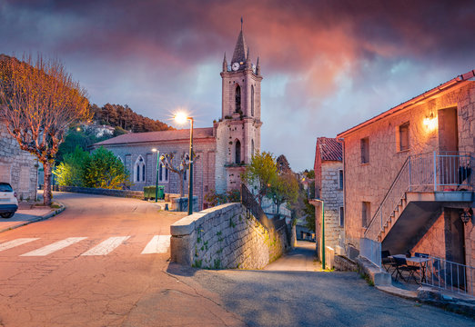 Colorful evening cityscape of Zonza town, commune in the Corse-du-Sud department of France. Captivating summer sunset on Corsica island, France, Europe. Traveling concept background..