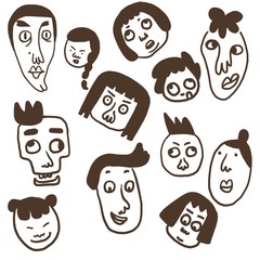 Collection of cartoon characters heads ,doodle style on white background