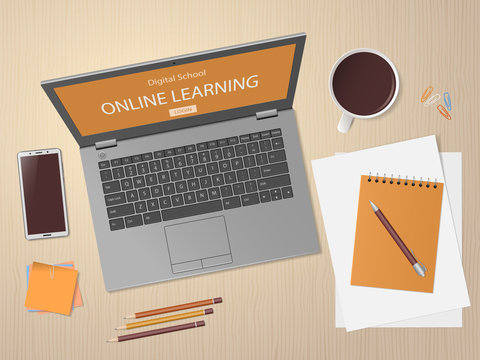 Desktop with laptop and school supplies. Online learning website page in computer screen. Distance e-learning education, digital school. Modern technologies in education. Top view. Vector illustration