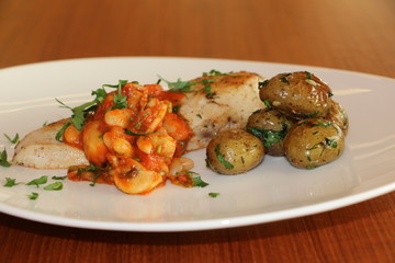 GRILLED CHICKEN BREAST , HERBED ROASTED BABY POTATO, WHITE BEAN AND MUSHROOM CASSEROLE