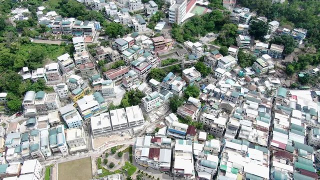 Aerial view of Cheung Chau island and village rooftops, Hong Kong