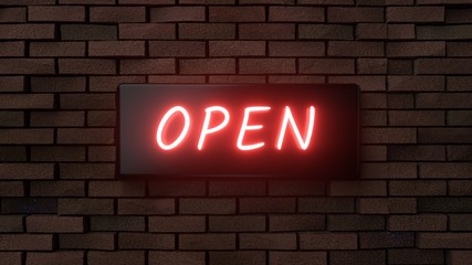 Obraz premium Open Red Neon Sign Isolated On The Brick Wall - 3D Illustration