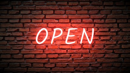 Open Red Neon Sign Isolated On The Brick Wall - 3D Illustration