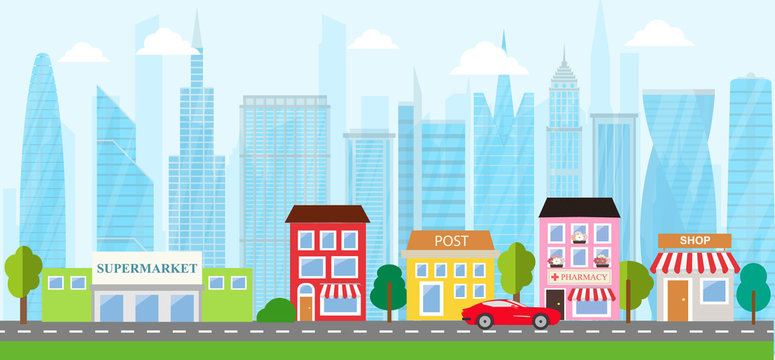City urban landscape in flat design style, vector illustration. Includes small business, buildings, street, supermarket, coffee shop, roads, car, skyscrapers 