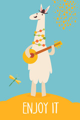 Vector funny cartoon hand drawn enjoy it card with lama playing banjo.