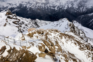 Snow capped mountains in Switzerland in winter.