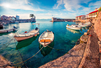 Stunning summer view of Nafpaktos port. Bright morning scene of Gulf of Corinth, Greece, Europe. Beautiful Mediterranean seascape. Traveling concept background..