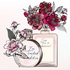 Fashion illustration with perfume bottles, roses, peony flowers in vintage style