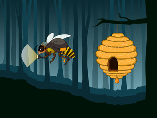 Wasp thief stole honey from a beehive, flies with a bag of honey in a dark forest at night, lights a path with a flashlight vector