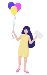 Smiling Girl With Balloons and Blank Paper in Hands Isolated on White Background. Female Character Holding Empty Poster, Placard, Certificate or Board With Copy Space. Flat Vector Illustration