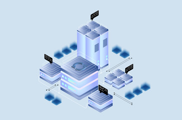 Datacenter server room cloud storage technology and big data processing Protecting data security concept. digital information. isometric.