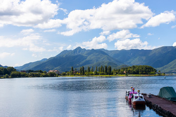 Lake Yamanaka in Japan is foggy in the morning.