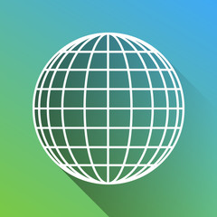 Earth Globe sign. White Icon with gray dropped limitless shadow on green to blue background. Illustration.