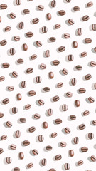 Many coffee beans at white background. Isolated pattern seeds. Roast arabica restaurant concept. Taste energy brown morning beverage. Cafe wallpaper. Vertical banner for story. Hard shadows