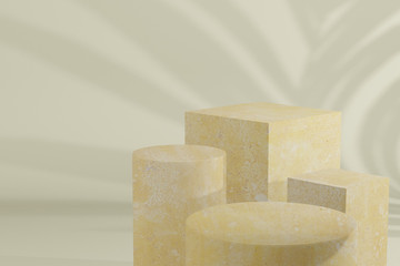3d rendered light yellow studio podium on the floor, for product presentation, mock up background.