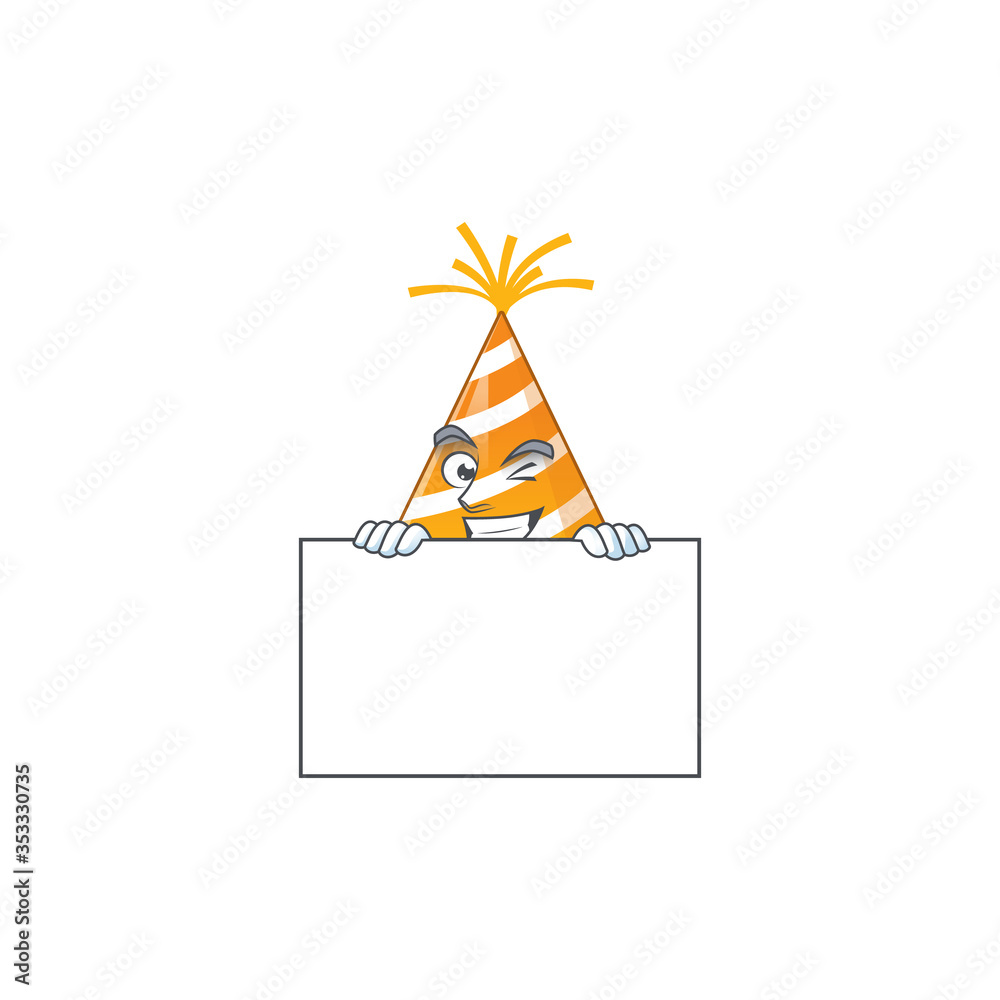 Poster Mascot design style of yellow party hat standing behind a board