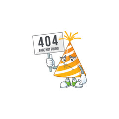 gloomy face of yellow party hat cartoon character with 404 boards