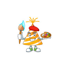 creative Artist of yellow party hat cartoon character painting using a brush