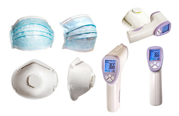 INFRARED THERMOMETERS & KN95 & MEDICAL MASK set isolated